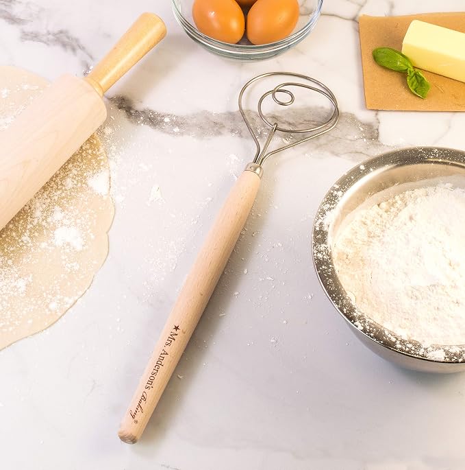 Mrs. Anderson's Baking Dough Whisk 18/8 Stainless Steel Blade, 15-Inches, wood
