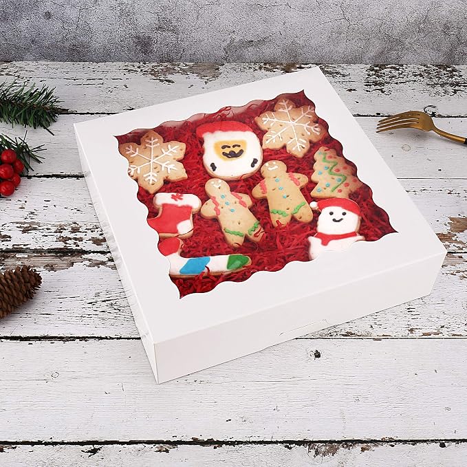 Tcoivs 20-Pack Pie Boxes 10" x 10" x 2.5", Cookie Boxes, Bakery Boxes with Window for Muffins, Donuts and Pastries (White)