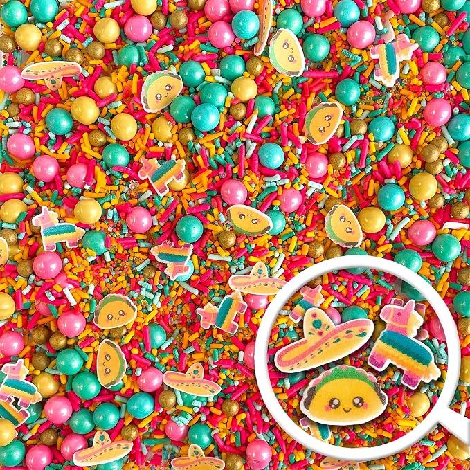 Cinco De Mayo Sprinkle Mix| Made In USA By Sprinkle Pop| Golden Yellow Pink Turquoise Sprinkles with Tacos Piñatas Wafer Paper| Decorating Sprinkles For Taco Tuesday Donuts Cupcakes Cakes Cookies, 4oz