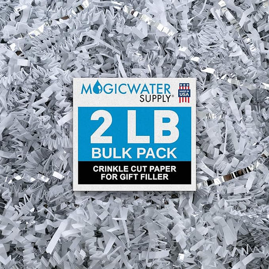 MagicWater Crinkle Cut Paper for Gift Baskets - 2LB - White & Silver - Perfect for Shredded Paper Filler, Basket Filler, Gift Boxes, Christmas Gifts, Christmas Stuffers & More – for All Occasions