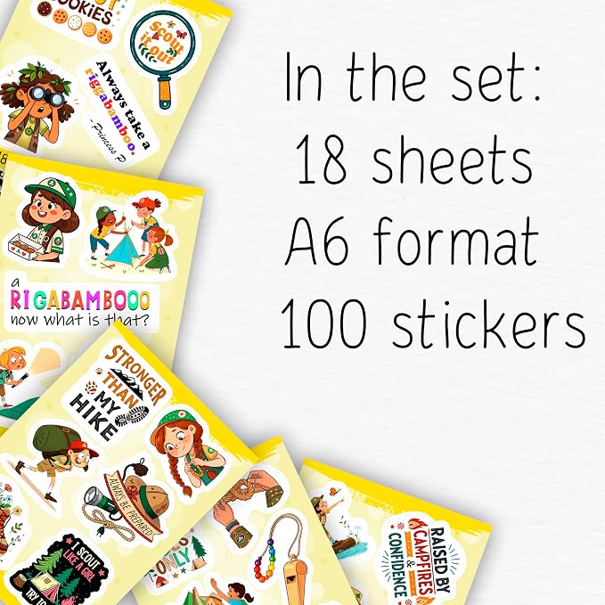 100Pcs Camping Girl Stickers for Water Bottle, Laptop - Cookie Dealer Stickers - Camping Party Supplies & Gifts for Girl - Outdor Adventure Decals - Gift for Women & Men