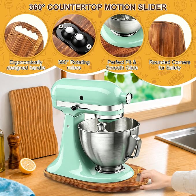 TREWAVE Mixer Slider Mat with 4 Caster Wheels, Pine Wood Sliding Tray Compatible with KitchenA 4.5-5 Qt Tilt-Head Stand Mixer, Kitchen Countertop Storage Accessories, 15.5" x 9.5"
