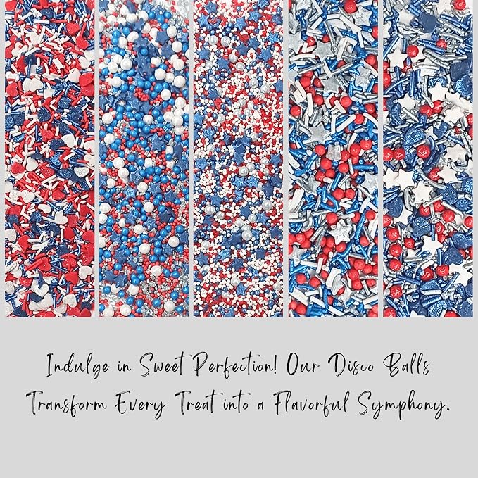 Confect Edible Cake Sprinkles | Assorted Pack of 5 Patriotic Mix Red, Blue, Silver & White Sprinkles | Mix Heart & Star Sprinkles For Cake & Cupcake Decorations | Vegan, Gluten-Free, Soy-Free, Dairy-Free, Palm Oil-Free- 5 Oz
