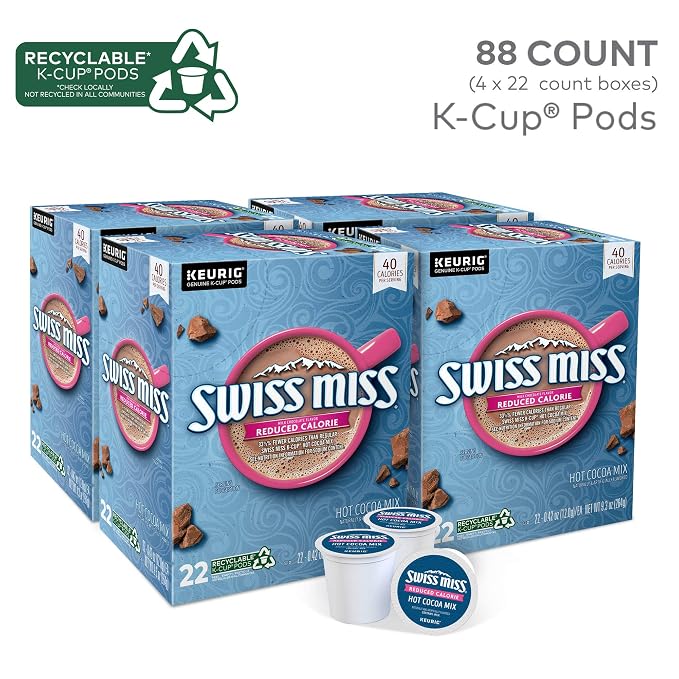 Swiss Miss Reduced Calorie Hot Cocoa, Keurig Single Serve K-Cup Pods, 88 Count (4 Packs of 22)