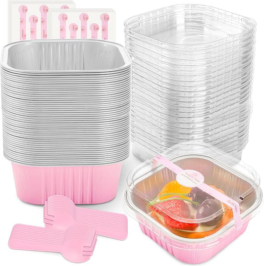NPLUX 50 Pcs Mini Square Baking Cups with Lids and Spoons Aluminum Foil Mini Cake Pans with Lids Disposable Ramekins Cake Pans Dessert Cups for Wedding, Graduation Gifts Party Favors(Pink,10oz)