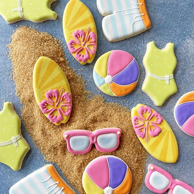 R&M Beach Day Cookie Cutter 5-Piece Gift Set - Includes Flip Flop, Swimsuit, Swim Shorts, Surfboard, Sunglasses Cookie Cutter with Recipe Card - Steel