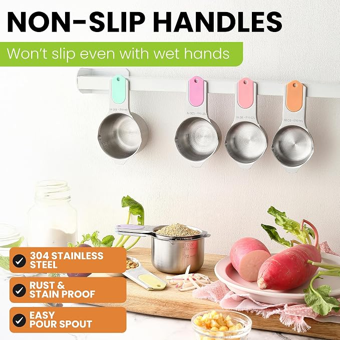 Spring Chef Stainless Steel Magnetic Measuring Cups, Set of 7 & Heavy Duty Magnetic Measuring Spoons, Set of 8 with Leveler - for Dry and Liquid Ingredients - 2 Product Bundle - Pastel
