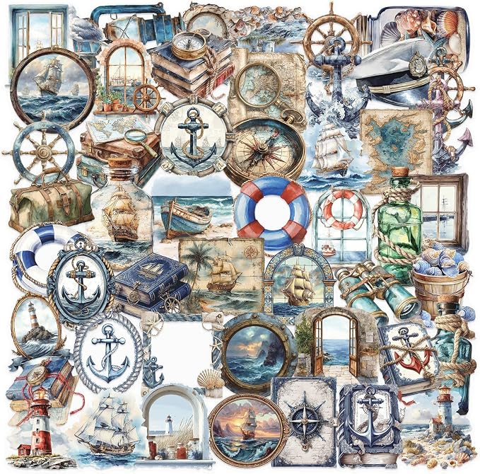 50Pcs Retro Nautical Stickers for Youth,Transparent Waterproof PET Aesthetic Ocean Sailing Decals,Crafts Decorative Colorful Sticker for Journaling Guitar Laptop Cars Phone Party Favors(Nautical)