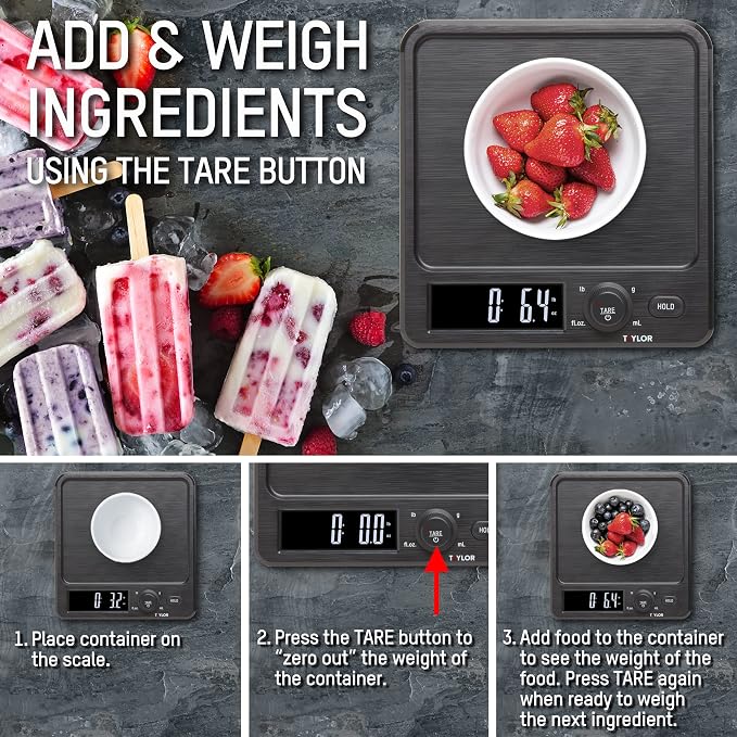 Taylor Digital Kitchen Scale with Dishwasher Safe Stainless Steel Container and Snap On, 22 pound capacity, Black
