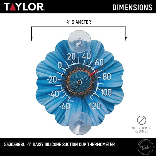 Taylor Daisy Dial Thermometer, 4-Inch Indoor Outdoor Silicone Suction Cup Thermometer, Weather-Resistant Temperature Gauge for Patio, Pool, Garden, or Garage, Blue