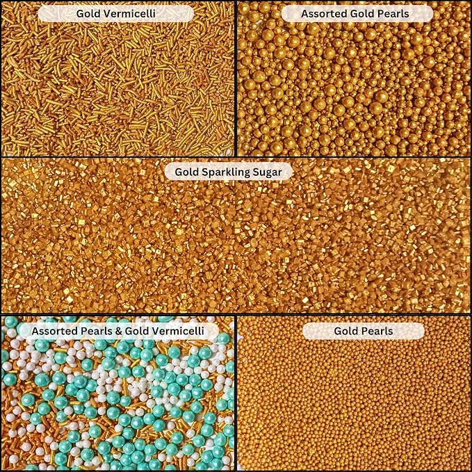 Confect Celebration Sprinkles Mix – Yellow, Teal, Pearl Dragees, Champagne Gold Jimmies & Sparkling Sugar – Cake & Cupcake Decorating Sprinkles for Spring, Parties, and Baking Decor | Vegan, Gluten-Free, Nut-Free, Soy-Free, Dairy-Free, Palm Oil-Free - ...