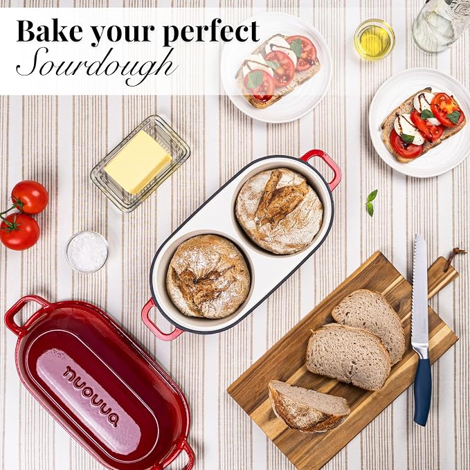 Dutch Oven For Sourdough Bread Baking – Enamelled Cast Iron Bread Loaf Pot – 500°F Oven Safe Non Stick Bread Pot – Double Round Loaf Space, 16.5cm Diameter, Red, – by Nuovva