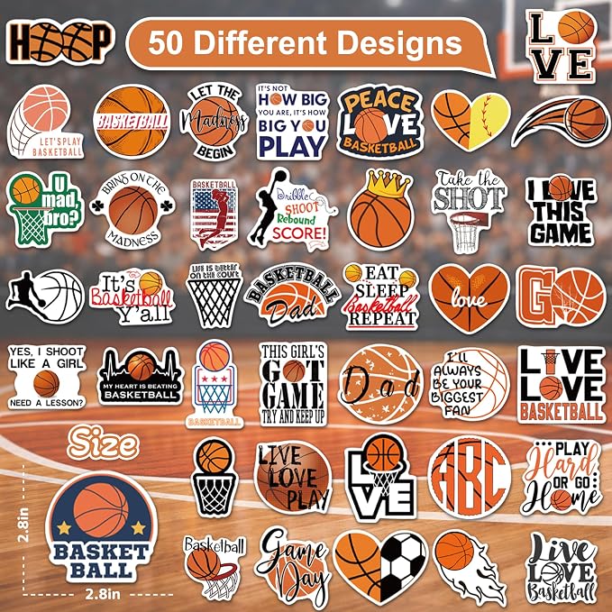 50 Pcs Basketball Stickers for Scrapbooking, Waterproof Vinyl Sports Stickers for Laptops Water Bottles Journals, Cool Basketball Quotes Hoop Decals for Boys Kids