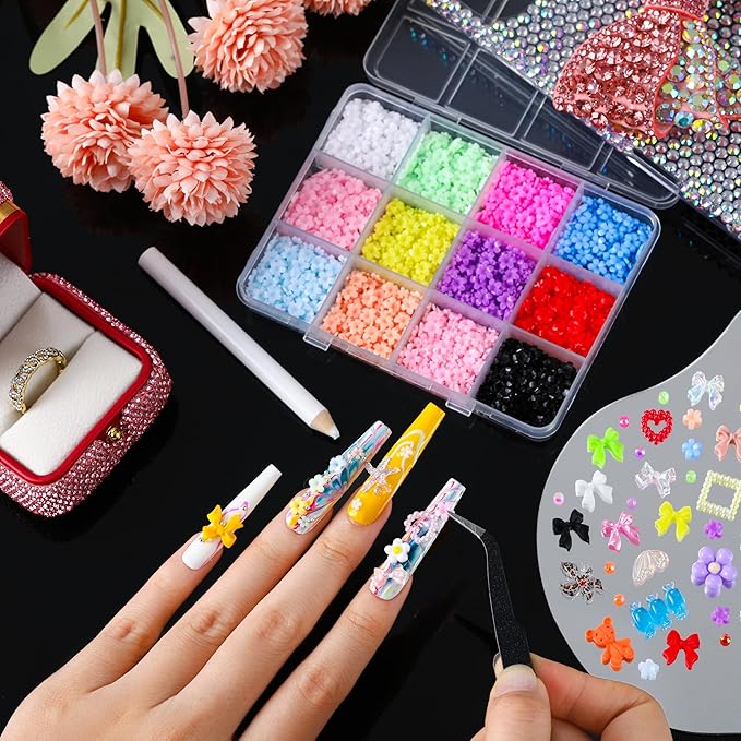 Colorful Macaron Nail Charms Kit, 4 Boxes Pastel Rhinestones Bowknot Flowers & Colorful Nail Art Accessories,Bedazzling Kit Multi-colored 3D DIY for Press On Nails,DIY Manicure