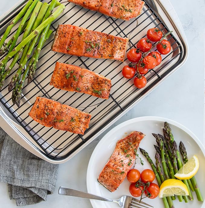 Nordic Ware Oven Crisp Baking Tray 2pc Set Includes Pan and Rack; Natural Aluminum For Air Frying,Crisping,Broiling,Baking; Cooking Surface 17 x 12 Inches,(Pack of 3)