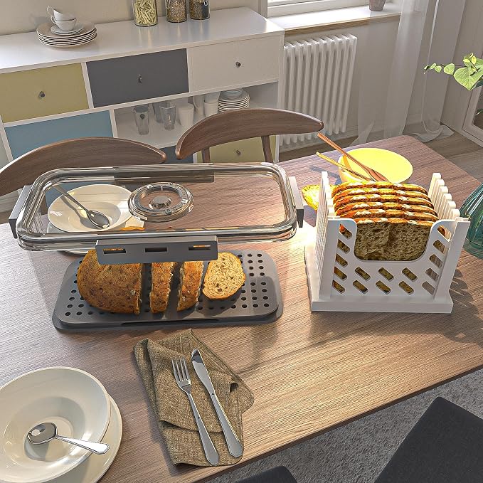 Bread Box and Slicer, Breads Slicer for Homemade Breads, Large Bread Box Airtight with Lid and Time Recording Function, Bread Container for Homemade Bread, Cookies, Bagel, Donut and Toast(grey)