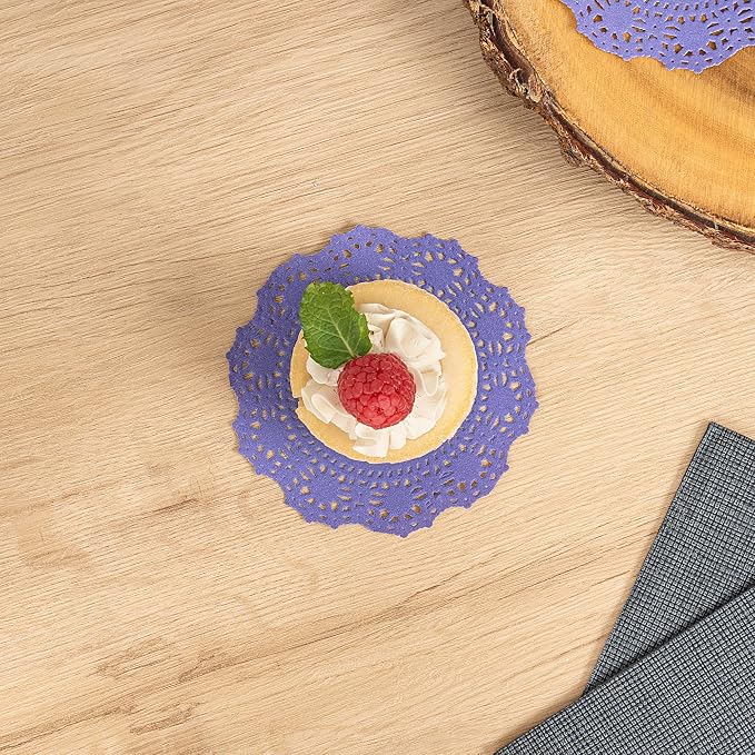 Pastry Tek 4 x 4 Inch Paper Lace Doilies, 4000 Disposable Table Doilies - Elegant Lace Finish, Long Lasting, Purple Paper Doily, for Pastries, Cupcakes, Desserts - Restaurantware