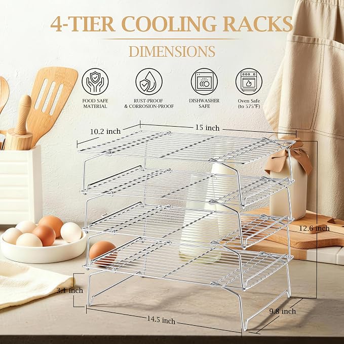 LIANYU Cooling Rack 15"x10", 4-Tier Stackable & Collapsible Stainless Steel Baking Wire Racks for Cooking, Baking, Roasting, Drying, Oven & Dishwasher Safe, Silver
