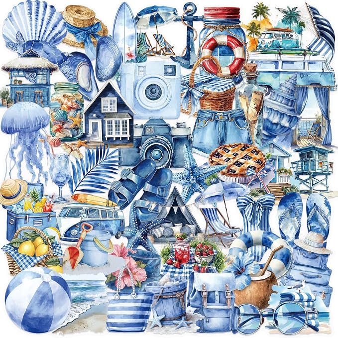 50 Pcs PET Transparent Blue Beach Stickers, Waterproof Vinyl Coastal-Themed Decals for Laptop Skateboard Luggage, Watercolor Beach Vacation Stickers Gift for Kids Teens AdultsBlue Beach