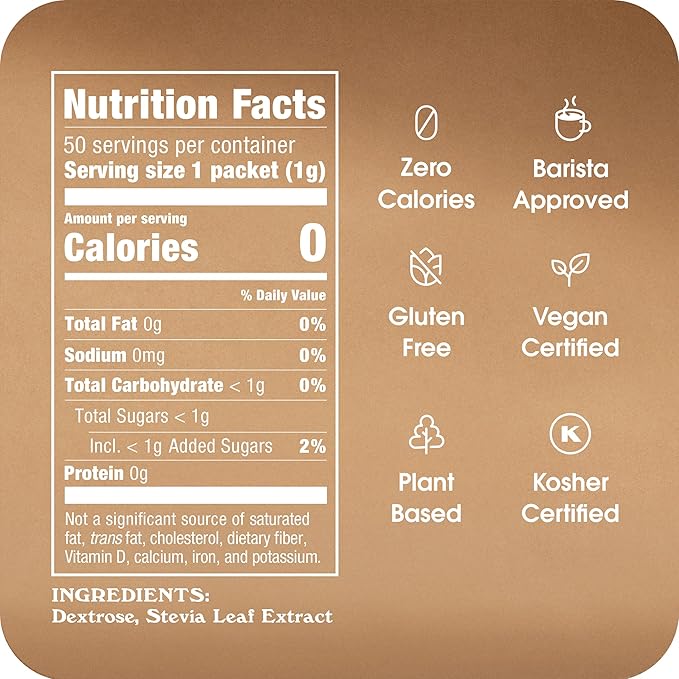 Stevia In The Raw 50 Count Box (Pack of 1) , 1.75 ounce each | Zero Calorie Stevia Sugar Substitute Packets, No Erythritol or Artificial Flavors, Vegan, Gluten Free, Kosher