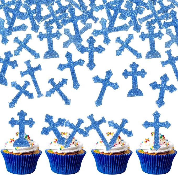 60 PCS Edible Cross Cupcake Toppers God Bless and Baptism Cupcake Toppers Edible Cross Cupcake Picks First Communion Cake Decorations for Religious Theme Baby Shower Birthday Party Supplies Blue