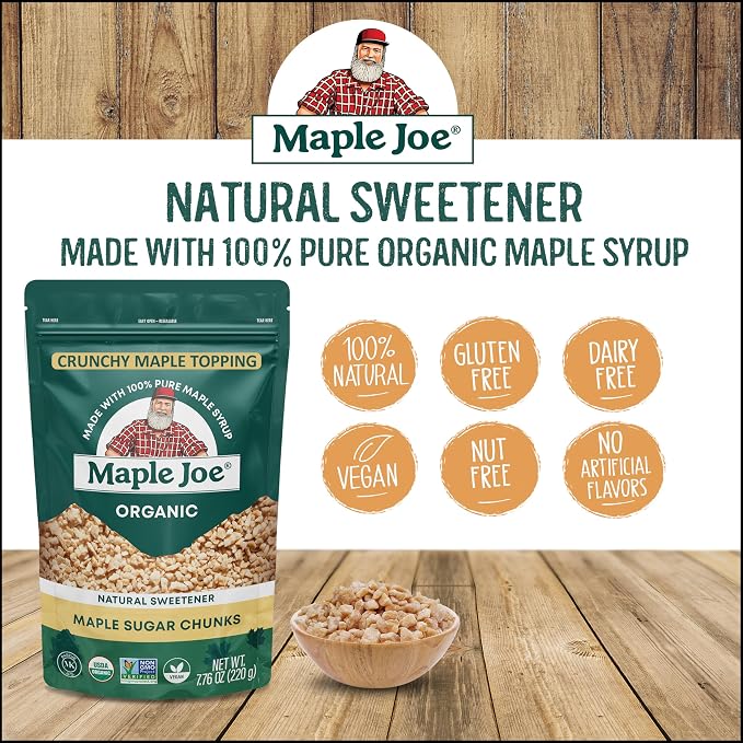 Maple Joe Organic Maple Sugar Sprinkles, Maple Flakes Made With Canadian 100% Pure Maple Syrup. Delicious With Coffee, Ice Cream, Yogurt & More Maple Sugar Granulated Chips Maple Chunks 7.8 oz