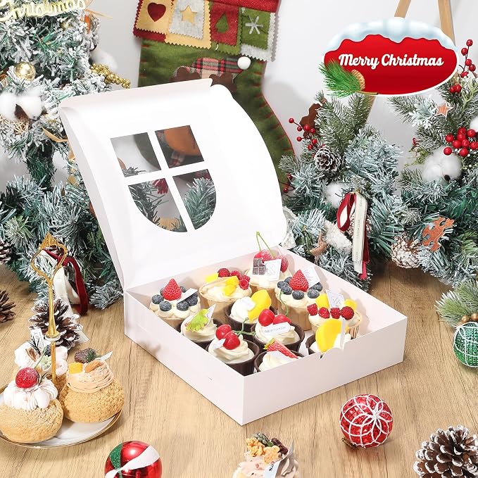 COTOPHER 18Pcs Christmas Cookie Boxes with Window, 10x10x2.5 inch White Bakery Boxes for Gift Giving, Kraft Treat Boxes Dessert Boxes for Cakes Donuts Chocolate Strawberries Pastries Muffins