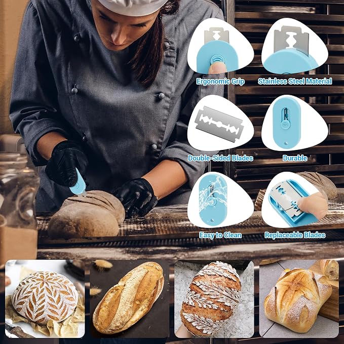 Bread Lame, Retractable Dough Scoring Tool with 5 Razor Blades, Professional Sourdough Scorer for Artisan Baking, Safe Non-Slip Handle & Finger Guard (Blue)