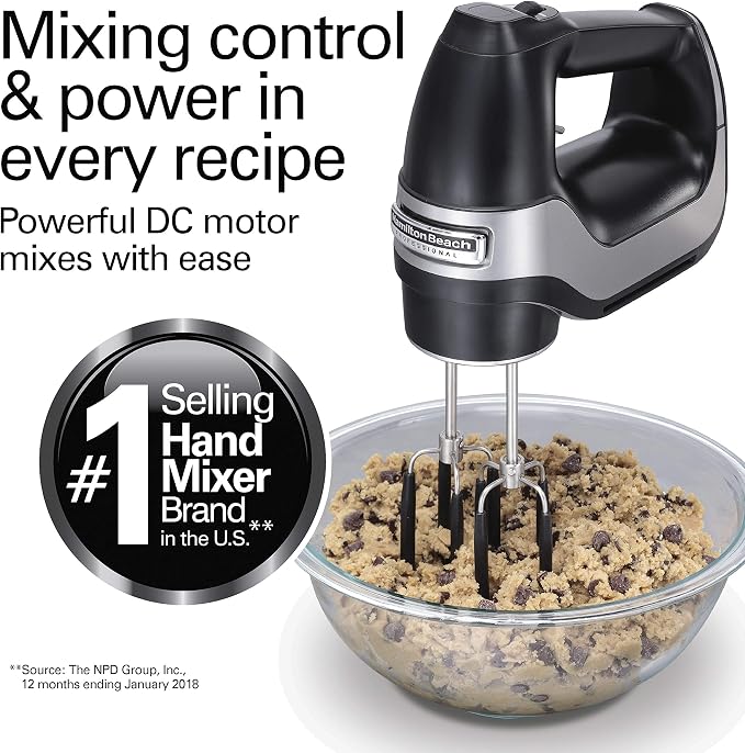 Hamilton Beach Professional 7-Speed Digital Electric Hand Mixer with High-Performance DC Motor, Slow Start, Snap-On Storage Case, SoftScrape Beaters, Whisk, Dough Hooks, Matte Black (62655)
