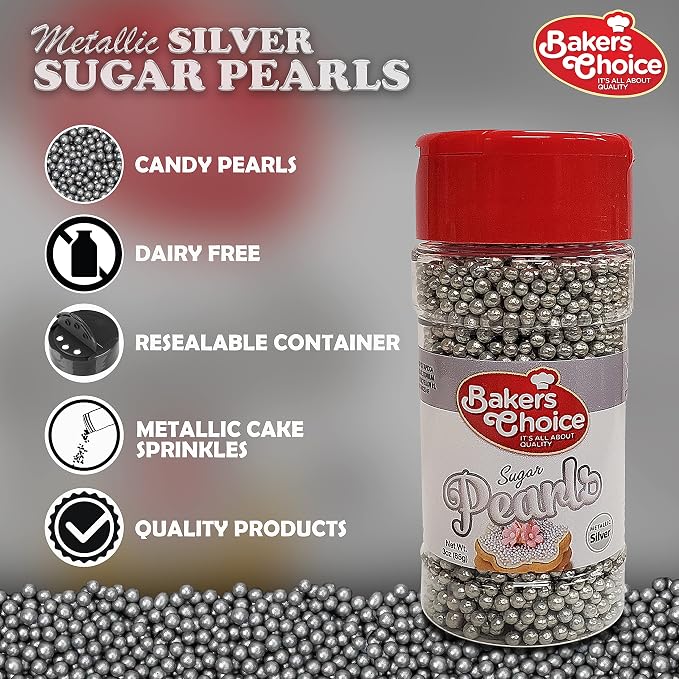 Baker's Choice Edible Pearls - Pearl Sprinkles - Metallic Silver Sugar Pearls - Dairy Free - Kosher - 3 oz.