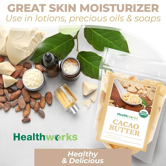 Healthworks Superfoods Organic Cacao Butter - 32 Oz / 2 Lbs - USDA Certified Organic from Peru - Unrefined Non-Deodorized Cocoa - Sugar-Free, Keto, Vegan & Non-GMO - Antioxidant Superfood
