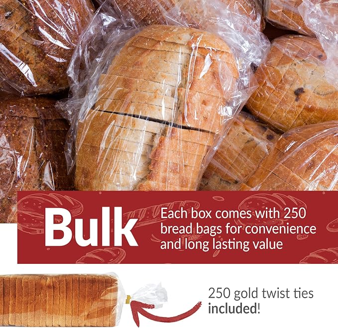 Reli. Bread Bags with Ties | 8 x 4 x 18" | 250 Pack (250 Twist Ties) | Bulk Bags for Homemade Bread, Bakery, Loaf Packing | Clear, Large