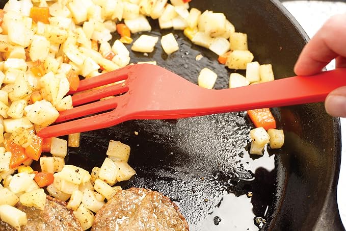 RSVP International Silicone Flexible Fork, Red, 11" | Mixes Ingredients, Mashes Food, Whisks Eggs, & More | Dishwasher Safe & Heat Resistant | Baking, Serving, Mixing Made Easy