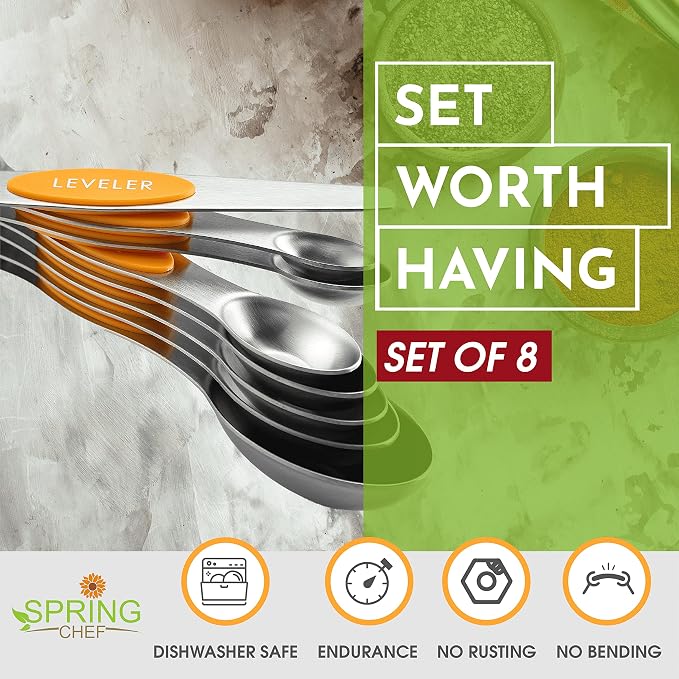 Spring Chef Stainless Steel Magnetic Measuring Spoons Set of 8 with Leveler, Dual Sided Metal Teaspoon & Tablespoon Measuring Spoons, Kitchen Gadgets for Baking & Cooking, Fits in Spice Jars - Mango