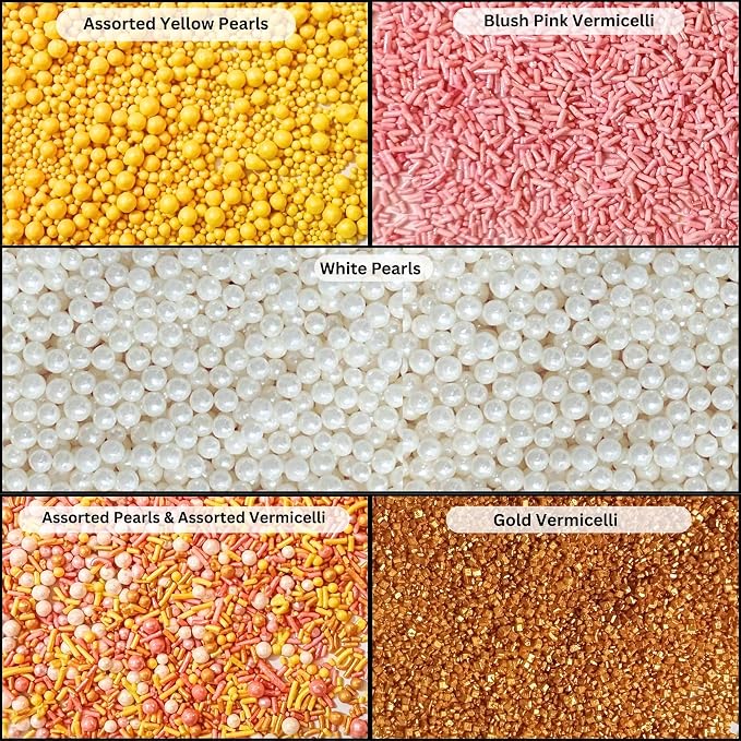 Confect Sprinkles – 5 Pack Assorted Cake Decorating Mix (Yellow & Pearl Dragees, Hot Pink Jimmies, Sparkling Gold Sugar) – Celebration Spring & Summer Sprinkles - Festive Toppings for Cakes, Cupcakes, Cookies, Birthday Parties – Vegan, Gluten-Free, Nut...