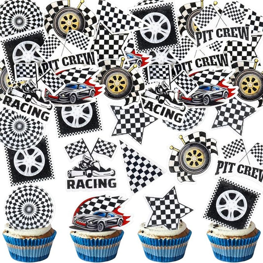 40Pcs Edible Racing Car Wheels Cupcake Toppers Black White Checkered Flags Cupcake Picks for Racing Car Baby Shower Race Car Boys Birthday Party Cake Cupcake Decorations