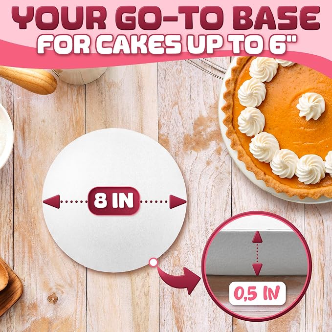 White 8 Inch Cake Drum for Heavy Cakes - Thick 1/2" Cardboard 8 Inch Cake Board with Bend-Proof Smooth Surface, Grease and Water-Resistant - Suitable for Presenting Desserts and Cakes Up to 6 Inches