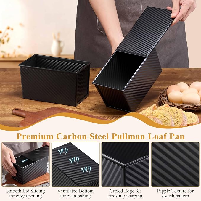 LIANYU Loaf Pan with Lid Set of 4, Pullman Loaf Baking Bread Pans, Nonstick Carbon Steel Homemade Toast Sandwich Box, 1 Pound Dough Small Metal Bakeware, Black