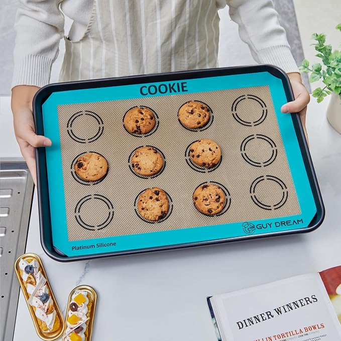 GUYDREMAT 2PCs Half Sheet Silicone Baking Mat Set for Cookie and Macaron - Reusable Premium Food Grade Silicone Macaron Sheets - Heat Resistant Silicone Oven Baking Mat with Measurements for Cookies
