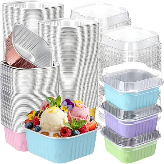 200 Pack 5 oz Mini Cake Pans with Lid, Aluminum Foil Mini Baking Tins, Square Disposable Cupcake Baking Cup Dessert Container for Wedding Birthday Party Picnic(Multi,Classic)