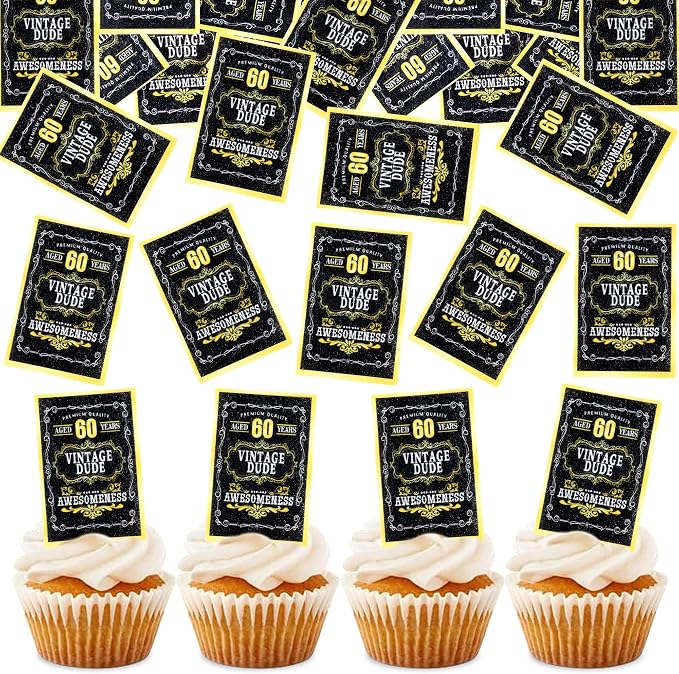 40Pcs Edible Rectangle 60th Birthday Card Cupcake Toppers Edible Golden Black 60 Vintage Dude Awesomeness Cupcake Picks Drink Toppers for 60th Vintage Birthday Anniversary Party Decorations