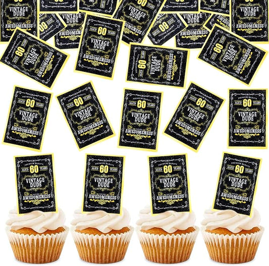 40Pcs Edible Rectangle 60th Birthday Card Cupcake Toppers Edible Golden Black 60 Vintage Dude Awesomeness Cupcake Picks Drink Toppers for 60th Vintage Birthday Anniversary Party Decorations