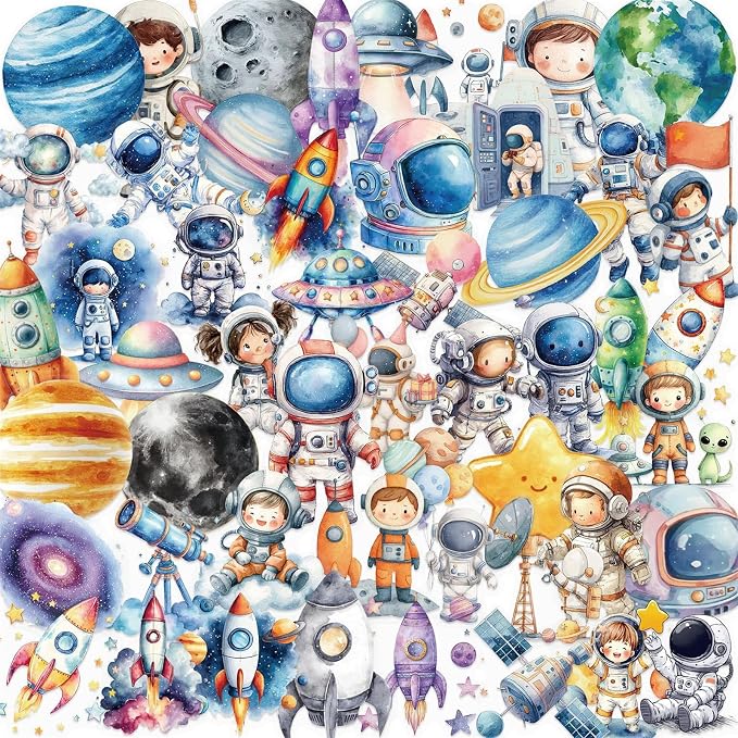 Clear PET Outer Space Stickers for Scrapbooking Journaling Junk Journal Scrapbook Supplies - Waterproof Transparent for Resin Crafts Decorative 50 Pcs (Colourful-B6)
