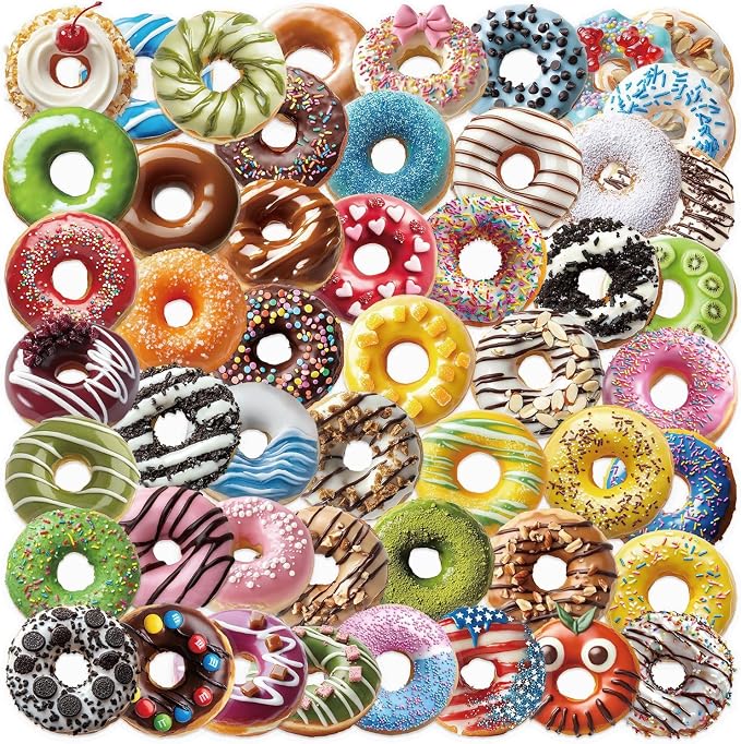 Cute Donut Stickers for Kids Girls, 50PCS Funny Realistic Doughnut PET Transparent Waterproof Stickers for Water Bottles Laptop Phone Scrapbook, Sweet Snack Decals for Donut Lovers