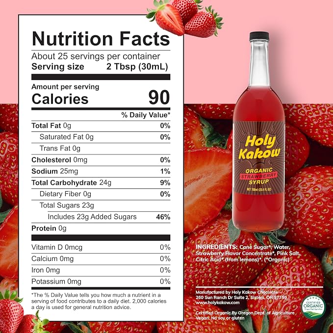 Holy Kakow Organic Strawberry Syrup - Strawberry Fruit Syrup for Hot or Cold Drinks, Dye Free, All-Natural, Simple & Flavorful, Non-GMO, Vegan, Gluten Free - 750 ml