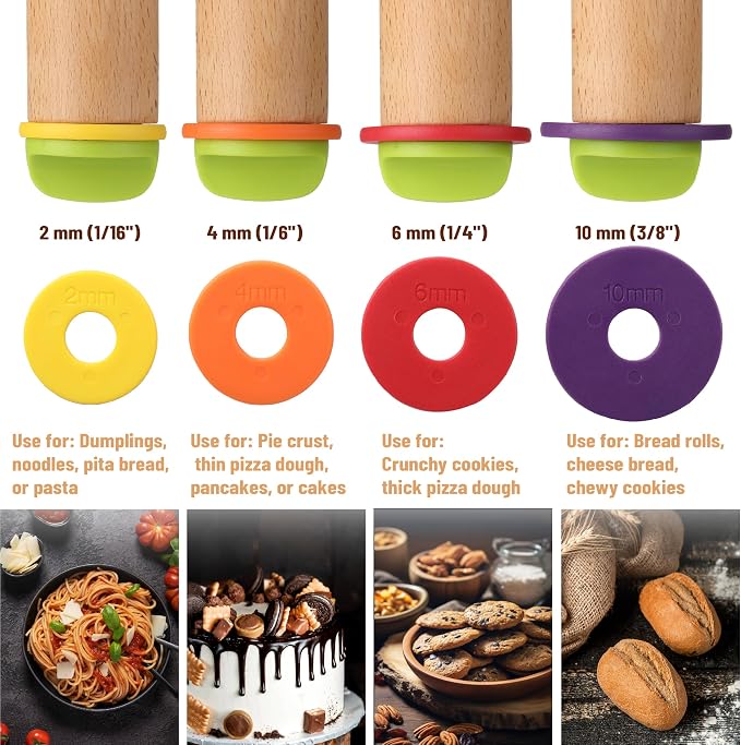 BAMBOO LAND- Adjustable Rolling Pin with Thickness Rings, 13.8", 4 Rings | 2-10 mm / 1/16"-3/8", Wood Rolling Pins for Baking Bread, Pizza Doughs