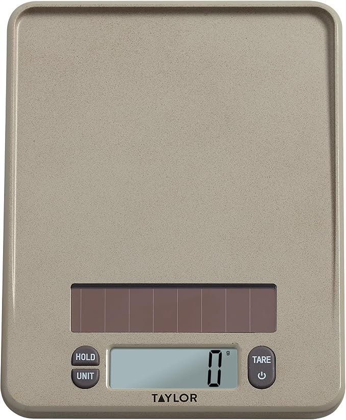 Taylor Light Powered Digital Kitchen Scale, Coffee Husk Blend Material, Solar Panel with Endless Power, No Batteries Needed, Energy-Saving, 11lb Capacity, Beige