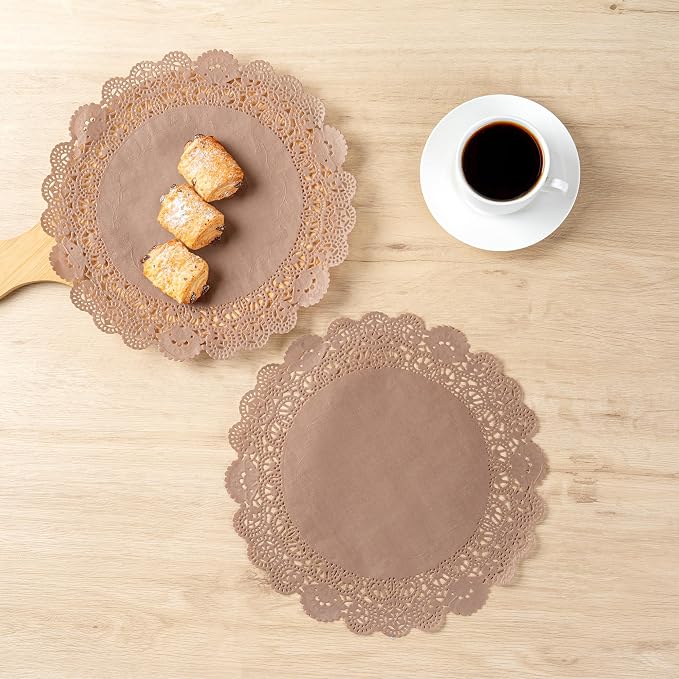 Restaurantware-Pastry Tek 12 x 12 Inch Paper Lace Doilies, 4000 Disposable Table Doilies - Elegant Lace Finish, Long Lasting, Brown Paper Placemat, for Pastries, Cupcakes, Desserts