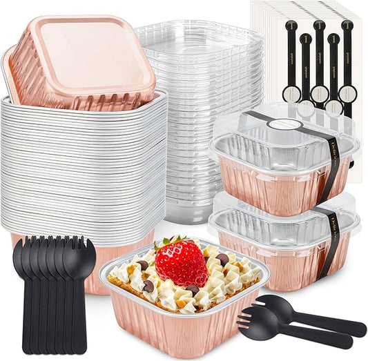 NPLUX 50 Pack Mini Cake Pans with Lids and Spoons Aluminum Foil Pans Square Cake Tins for Bakery Party Wedding, Graduation Gifts Party Favors(Champagne Color,5 oz)