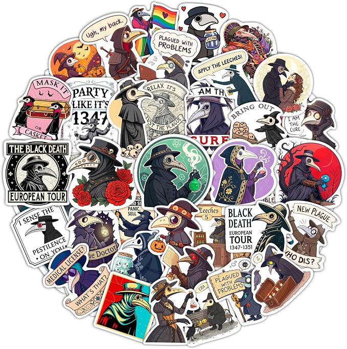 100Pcs Plague Doctor Stickers for Water Bottle, Laptop - Plaque Doctor Decoration & Party Supplies - Spooky Stickers - Gift for Women & Men